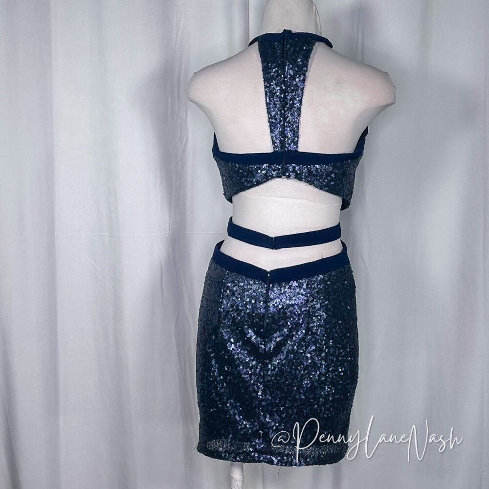 Alyce Paris Sequin Halter V Neck Cutout Fitted Cocktail Dress Navy - Picture 10 of 13